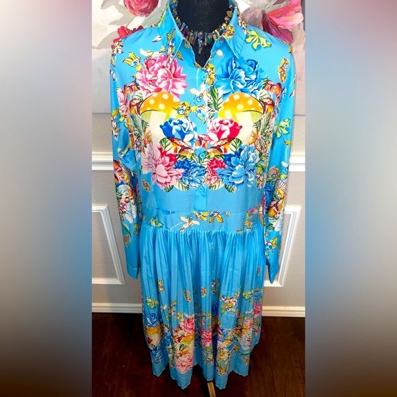 Dresses & Skirts - Blue Floral Collared Bishop Sleeve Dress || Size 2XL